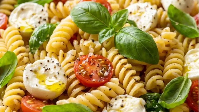 Fresh Basil Pasta Salad with Mozzarella and Tomatoes